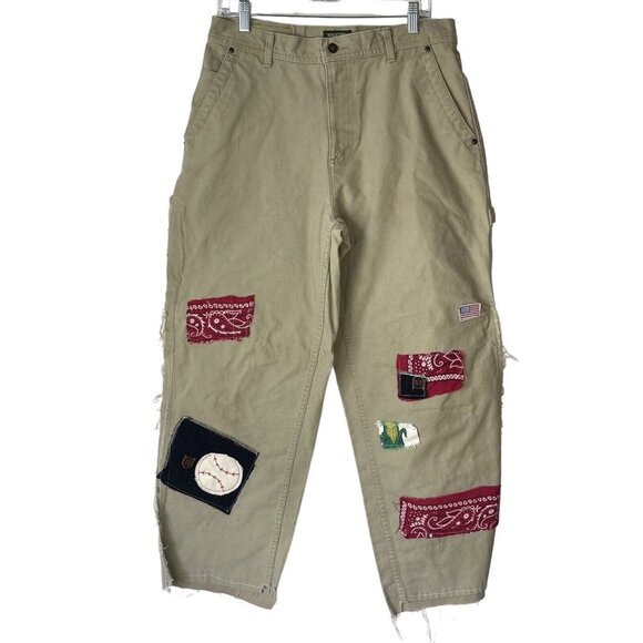 Dockers Utility Khakis Cargo Pants Mens 33 X 32 Tan Patches Straight - Picture 1 of 16